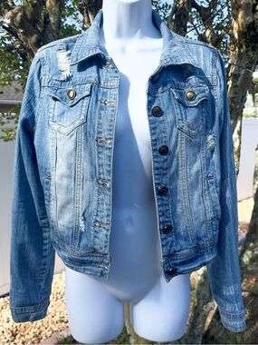 JouJou Distressed Denim Jacket Medium Wash Jean Jacket Size M